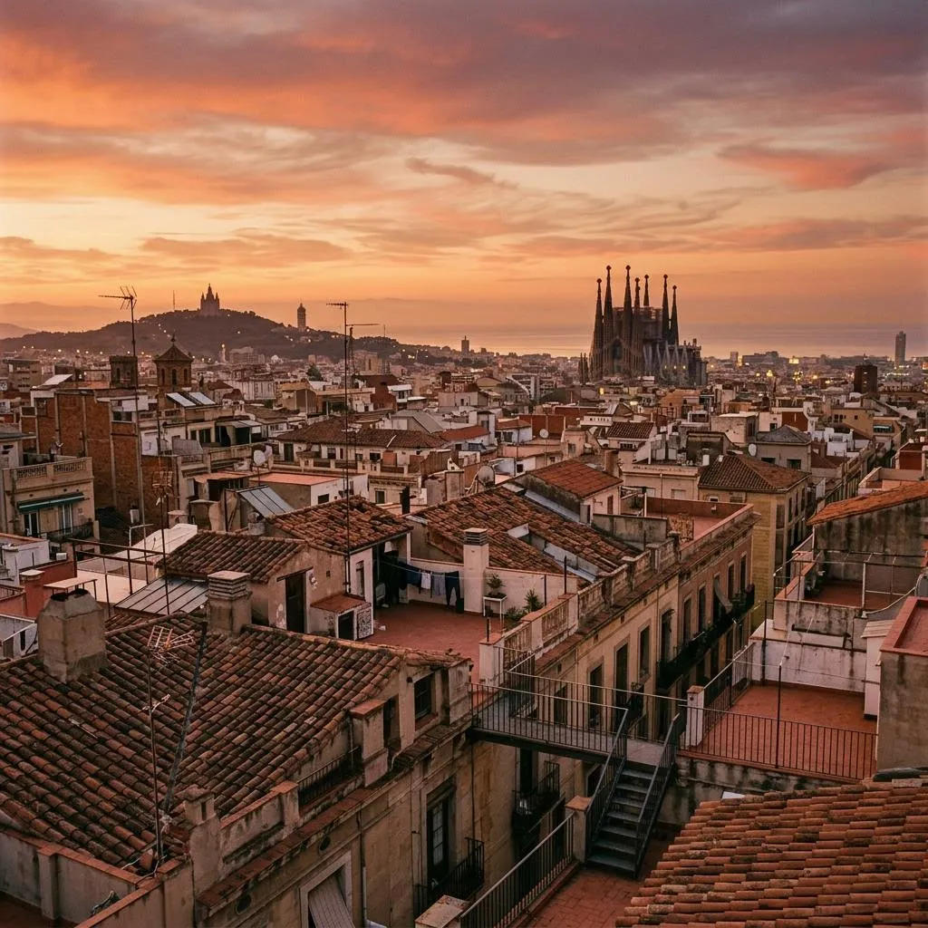 Illustrative view of Barcelona rooftops at dusk