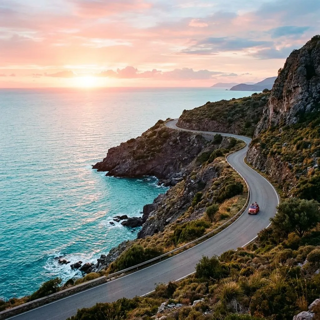 Travel illustration of a coastal road above a turquoise sea at sunrise
