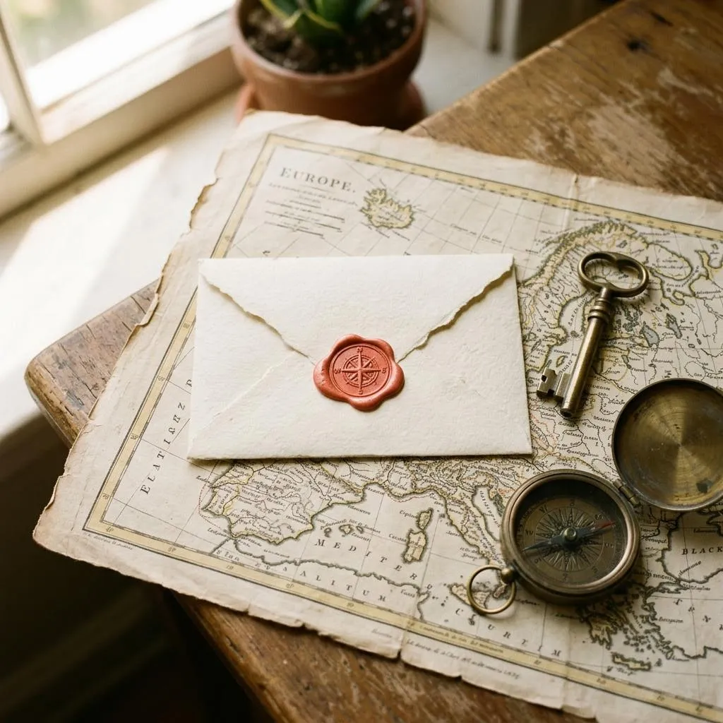 Travel gift illustration of a sealed envelope with a coral wax seal on a map